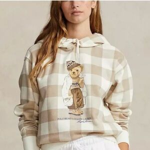 Ralph Lauren Polo Bear Khaki Plaid Fleece Cropped Hoodie Big Kid XL/ Women’s XS